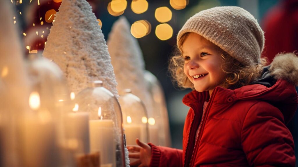 Ein kleines Kind in einem roten Wintermantel und einer gestrickten Mütze betrachtet mehrere brennende Kerzen, die unter gläsernen Kuppeln stehen. Im Hintergrund sind unscharfe Lichter zu sehen, die eine warme und festliche Atmosphäre schaffen.