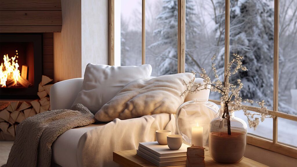 Ein gemütliches Wohnzimmer mit einem großen Fenster, das auf eine verschneite Landschaft blickt. Im Inneren gibt es einen brennenden Kamin mit gestapeltem Brennholz darunter, der Wärme und Ambiente bietet. Ein bequemer weißer Sofa mit Kissen und einer Decke steht in der Nähe des Fensters. Auf dem hölzernen Beistelltisch neben dem Sofa befinden sich Bücher, Kerzen und dekorative Gegenstände. Die Atmosphäre ist trotz der kalten Winterlandschaft draußen warm und einladend.