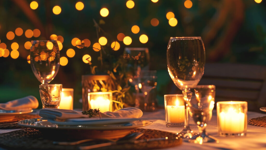 Ein sommerlich gedeckter Tisch im Freien, beleuchtet von mehreren Kerzen in kleinen Gläsern. Im Hintergrund sind unscharfe Lichterketten zu sehen, die eine warme und gemütliche Atmosphäre schaffen. Auf dem Tisch befinden sich Weingläser, Teller mit Servietten und Besteck sowie ein paar grüne Zweige als Dekoration.
